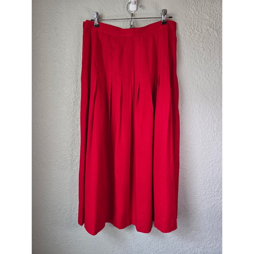Vintage Red Linen/Linen Blend A-Line Pleated Midi Skirt